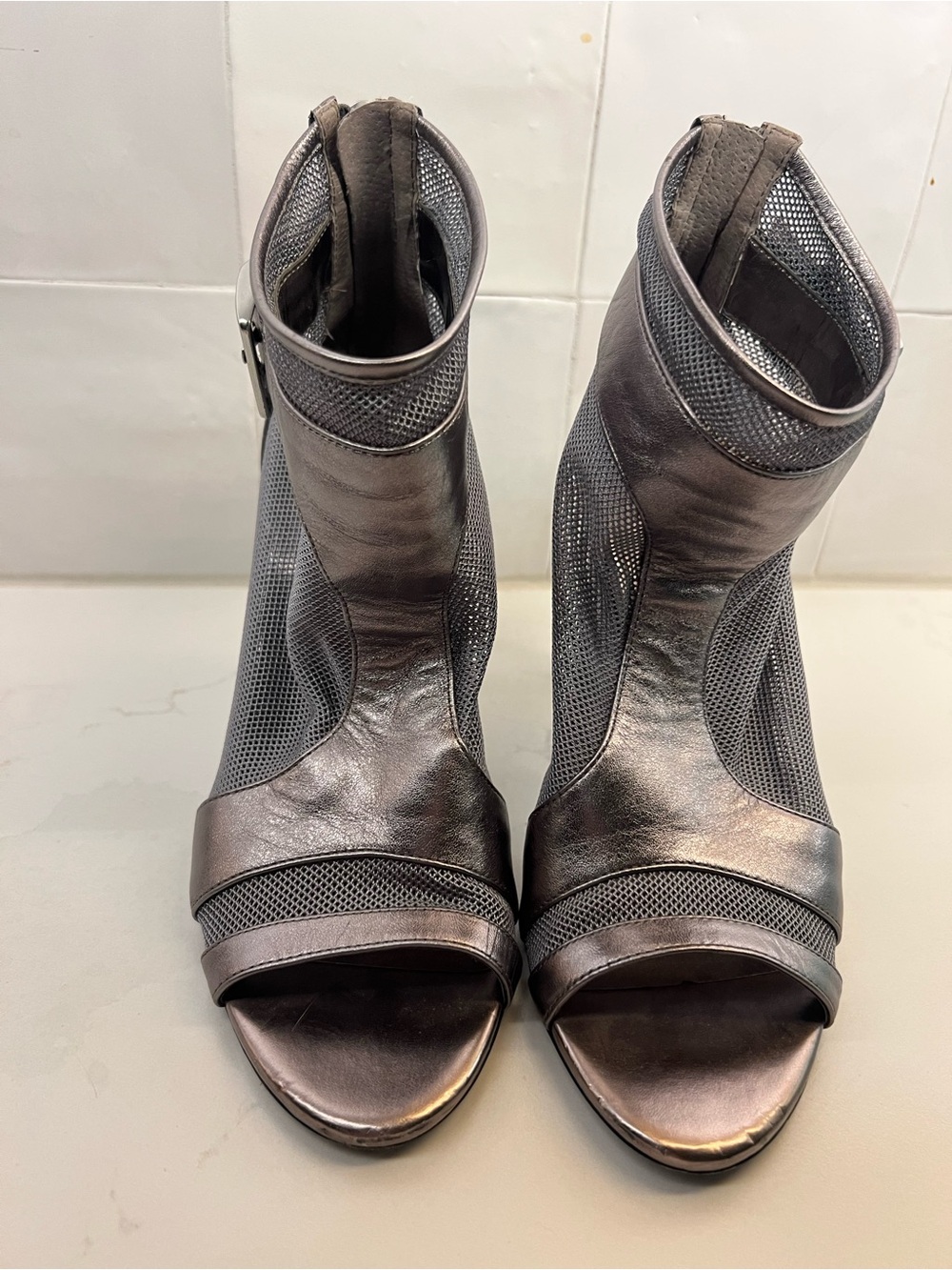 BCBGeneration Metallic Pewter Mesh Peep-Toe Ankle Boots